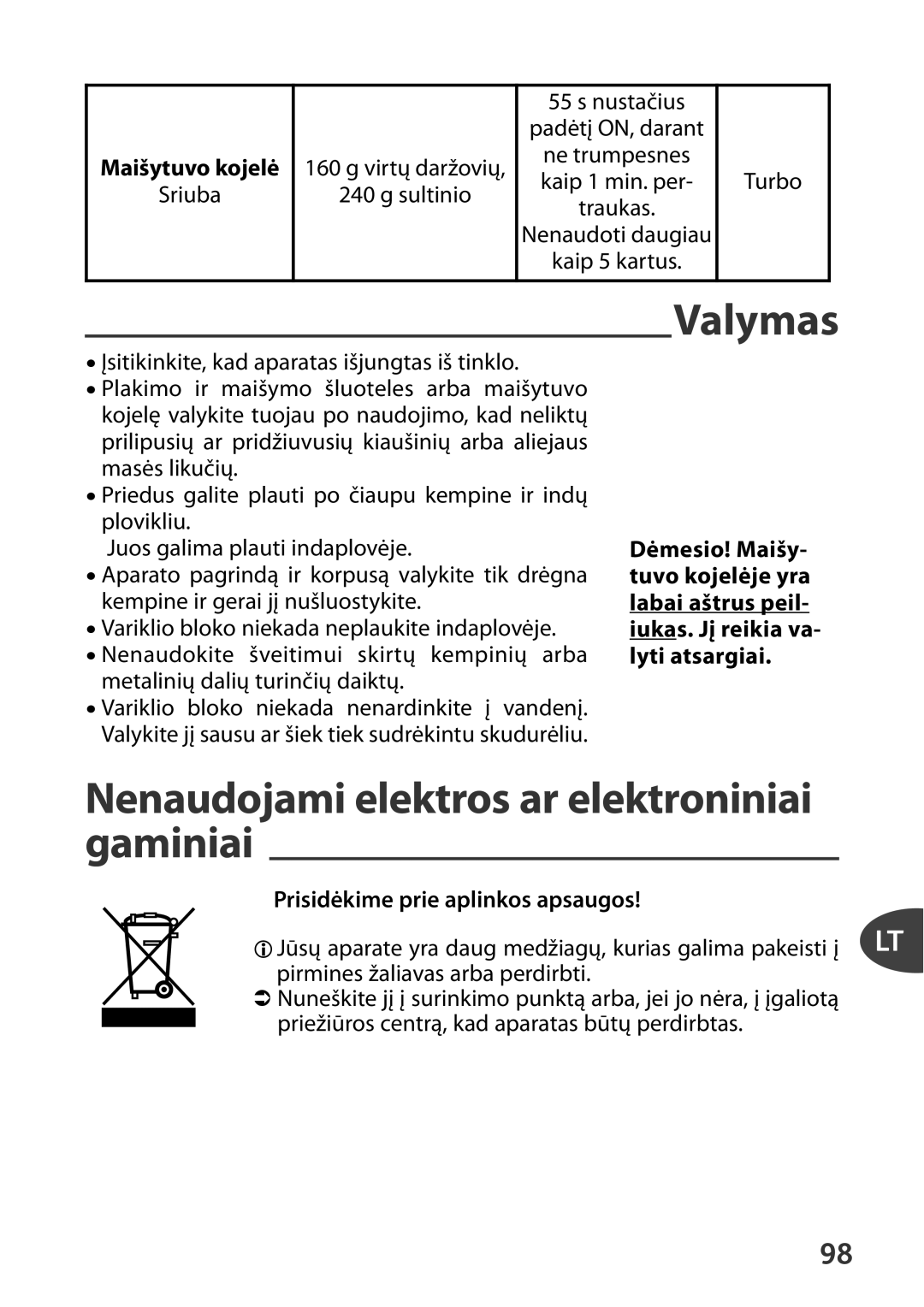 Tefal HT41313E manual Valymas, Nenaudojami elektros ar elektroniniai gaminiai, Maišytuvo kojelė 