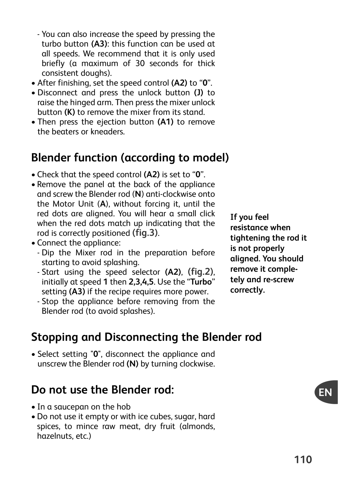 Tefal HT41313E manual Blender function according to model, Stopping and Disconnecting the Blender rod 