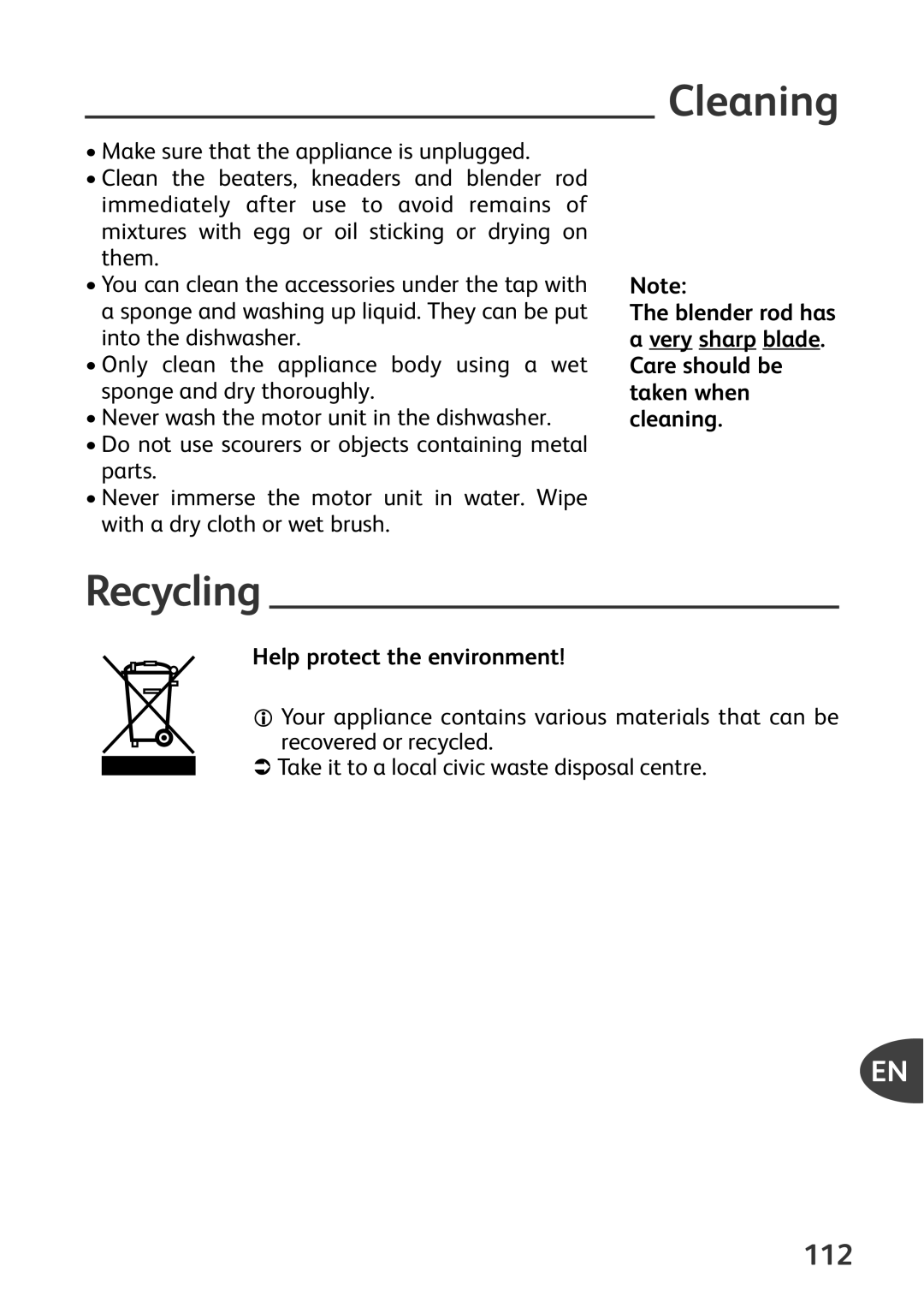 Tefal HT41313E manual Cleaning, Recycling, Help protect the environment 