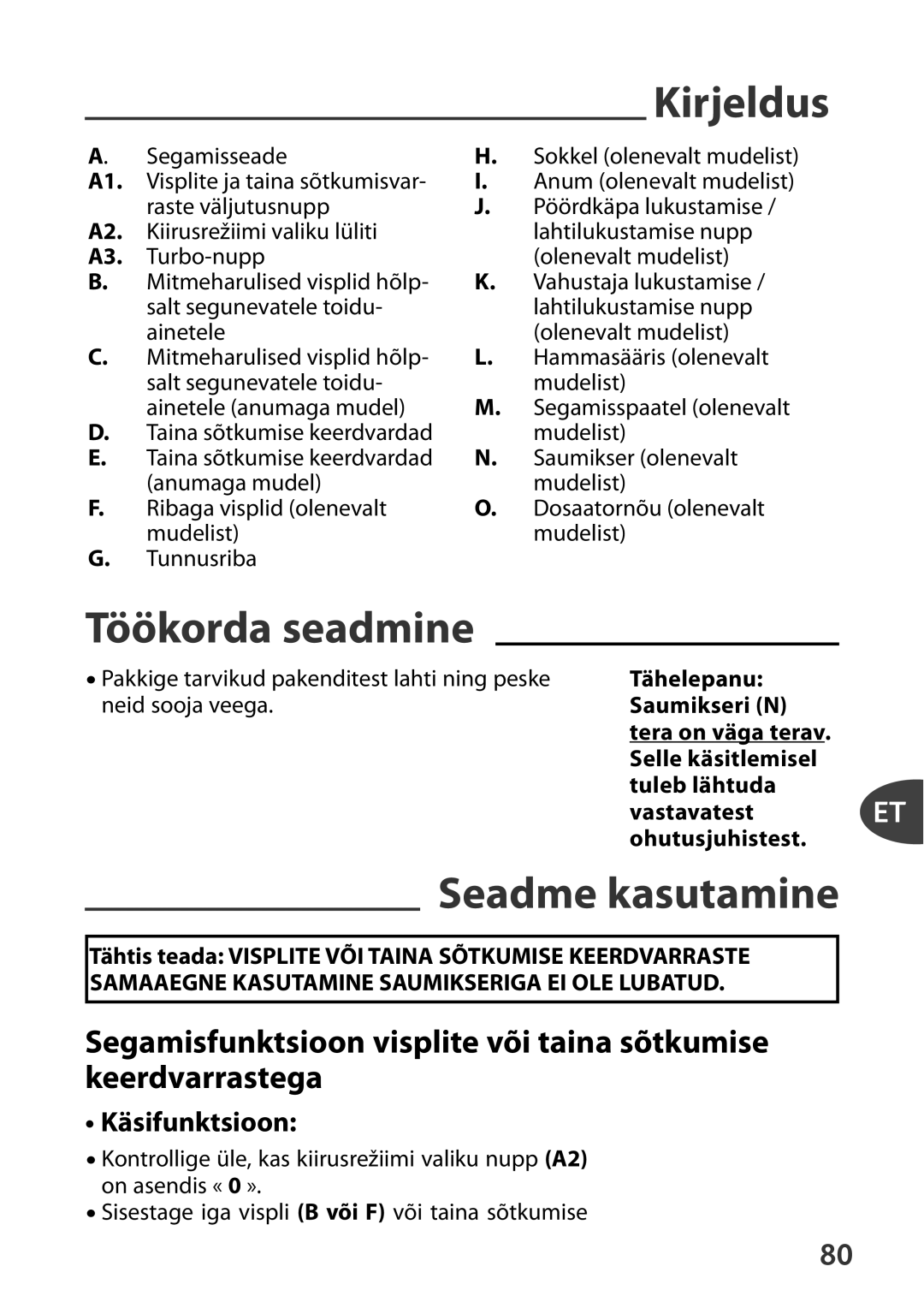 Tefal HT41313E manual Töökorda seadmine, Seadme kasutamine, Käsifunktsioon 