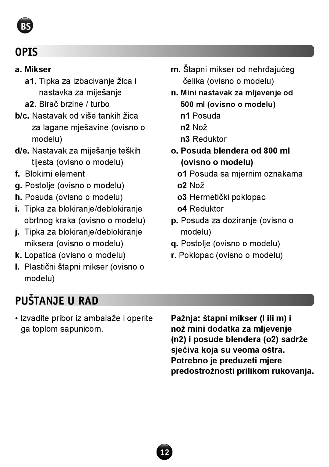 Tefal HT611138 manual Opis, Puštanje u rad 