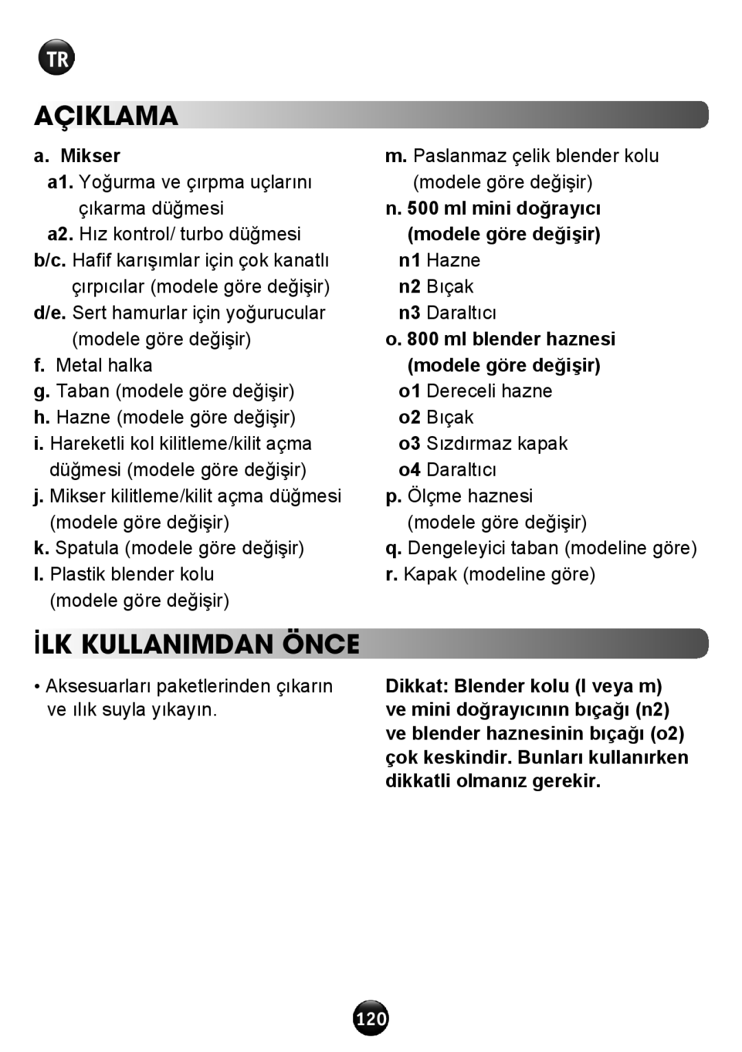 Tefal HT611138 manual Açiklama, İlk kullanımdan önce, N1 Hazne N2 Bıçak N3 Daraltıcı, Dikkatli olmanız gerekir 