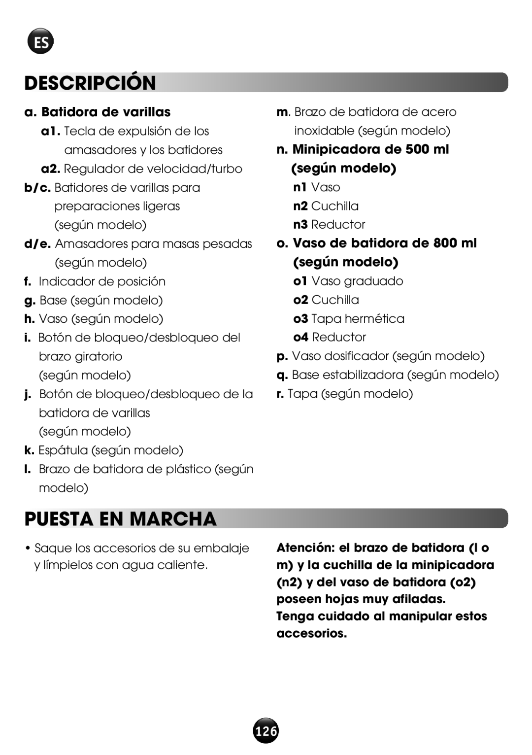 Tefal HT611138 manual Descripción, Puesta en marcha, Batidora de varillas, Minipicadora de 500 ml según modelo 