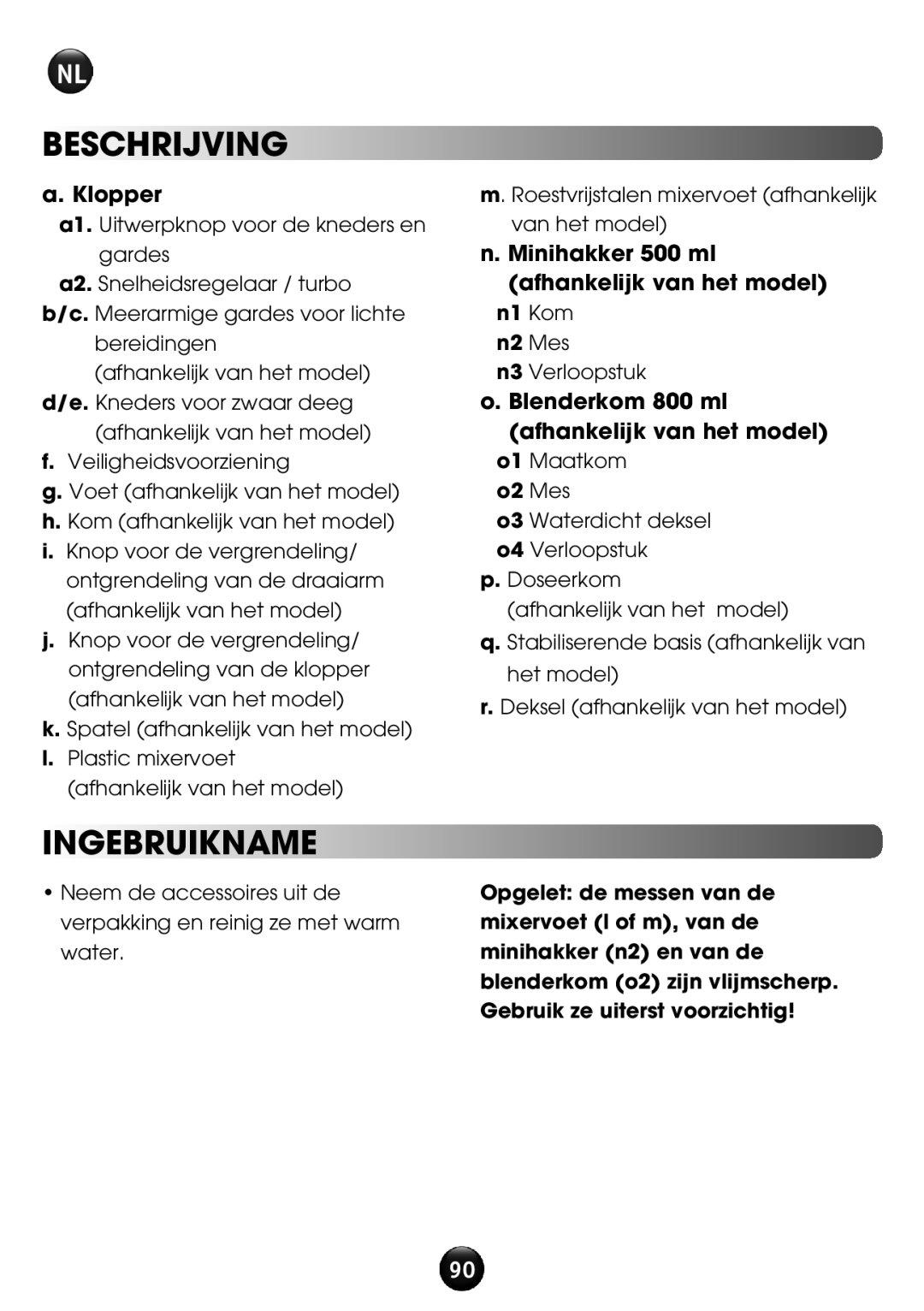 Tefal HT611138 manual Beschrijving, Ingebruikname, Klopper, Minihakker 500 ml afhankelijk van het model 