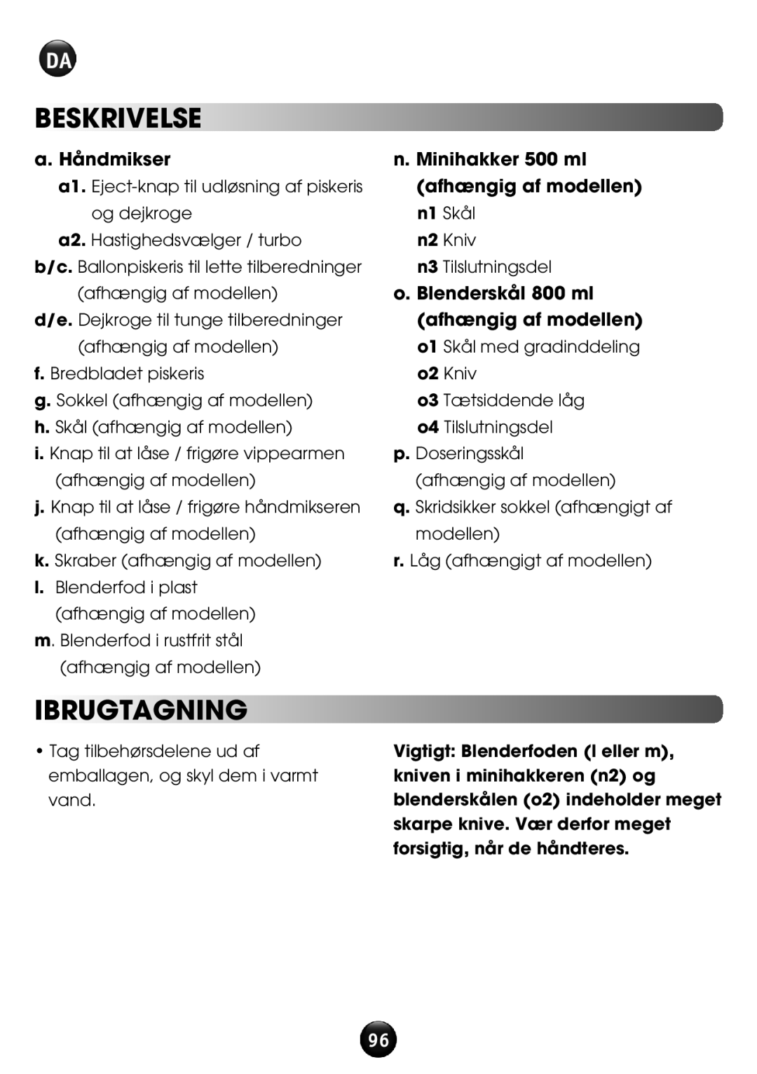 Tefal HT611138 manual Beskrivelse, Ibrugtagning, Håndmikser, Minihakker 500 ml afhængig af modellen 