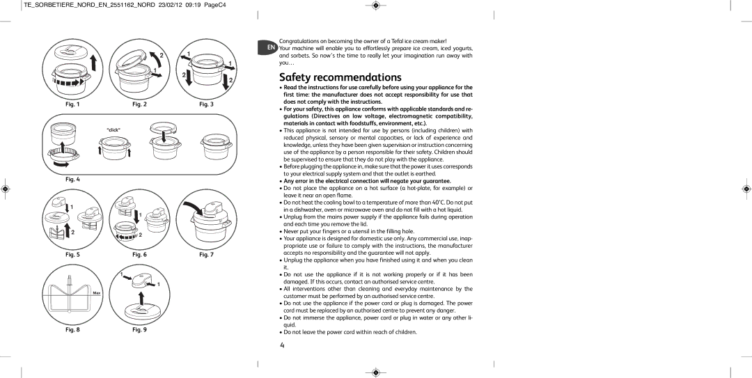 Tefal IG500150 manual Safety recommendations, TESORBETIERENORDEN2551162NORD 23/02/12 0919 PageC4 