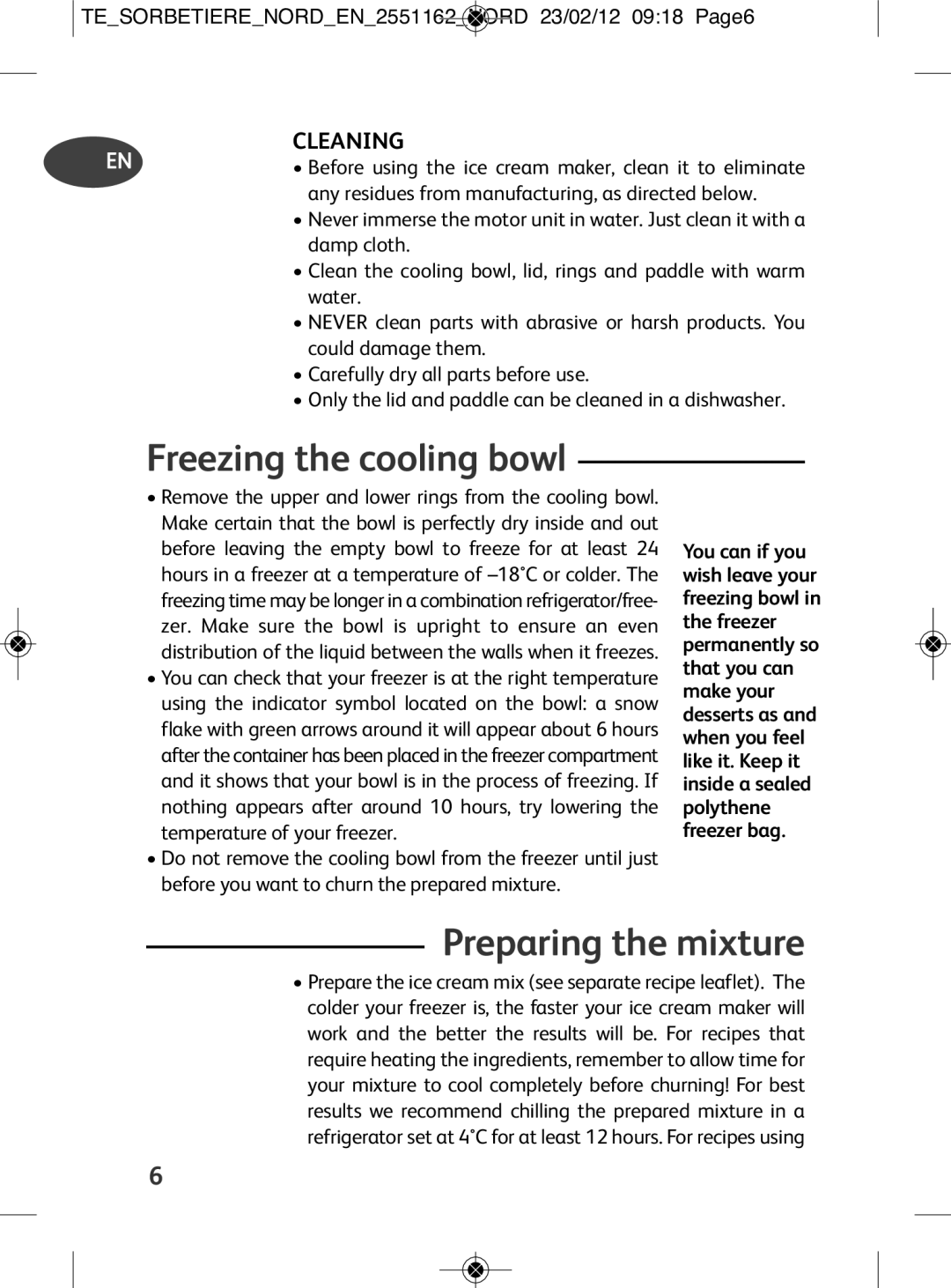 Tefal IG500150 manual Freezing the cooling bowl, Preparing the mixture, Cleaning 