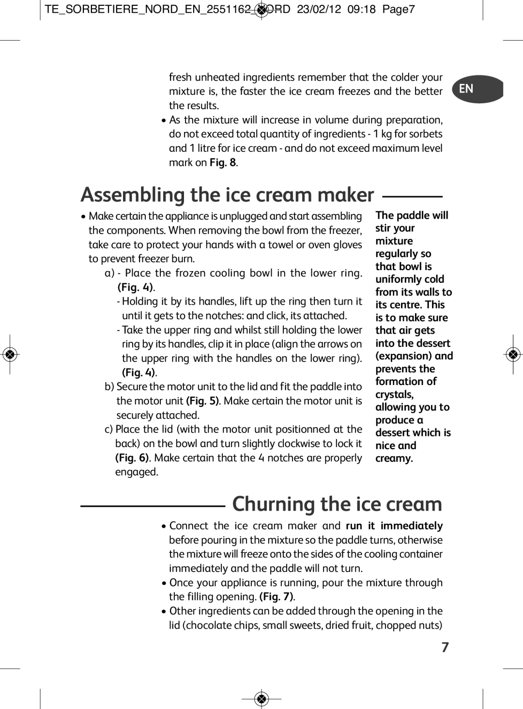 Tefal IG500150 Assembling the ice cream maker, Churning the ice cream, TESORBETIERENORDEN2551162NORD 23/02/12 0918 Page7 