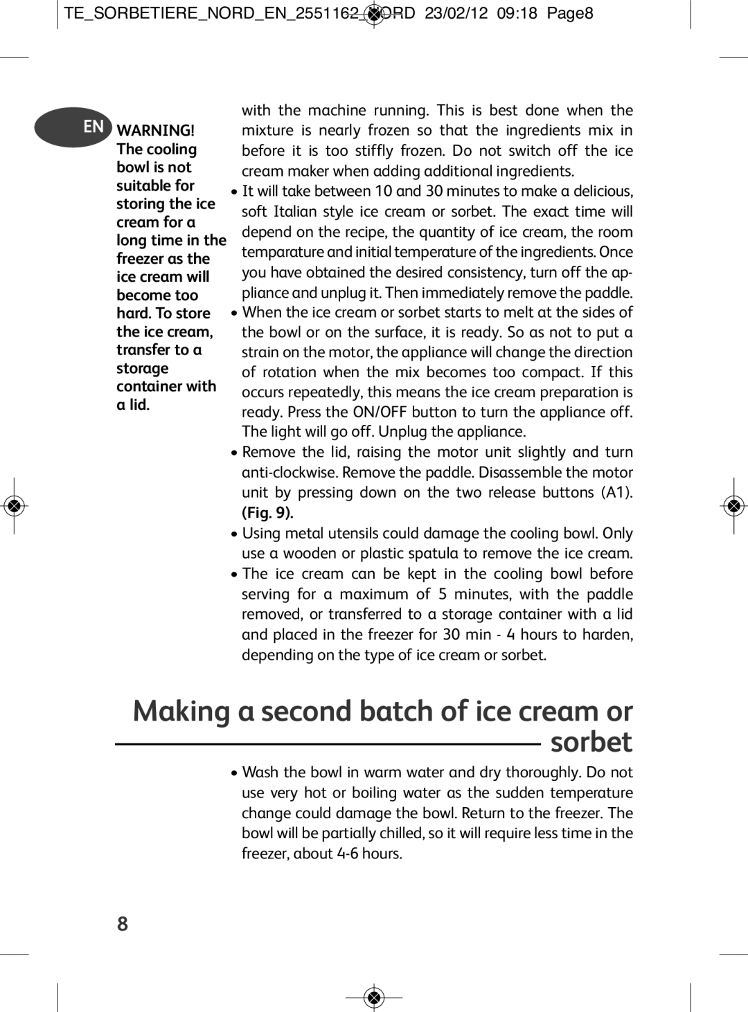 Tefal IG500150 manual Making a second batch of ice cream or sorbet, TESORBETIERENORDEN2551162NORD 23/02/12 0918 Page8 