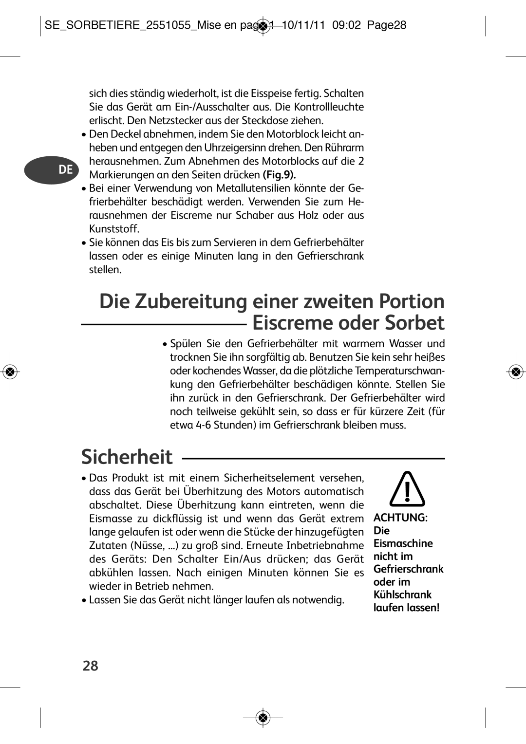 Tefal IG500760, IG5007B1, IG5007B2, IG500710, IG500140 Sicherheit, SESORBETIERE2551055MISE EN page 1 10/11/11 0902 PAGE28 