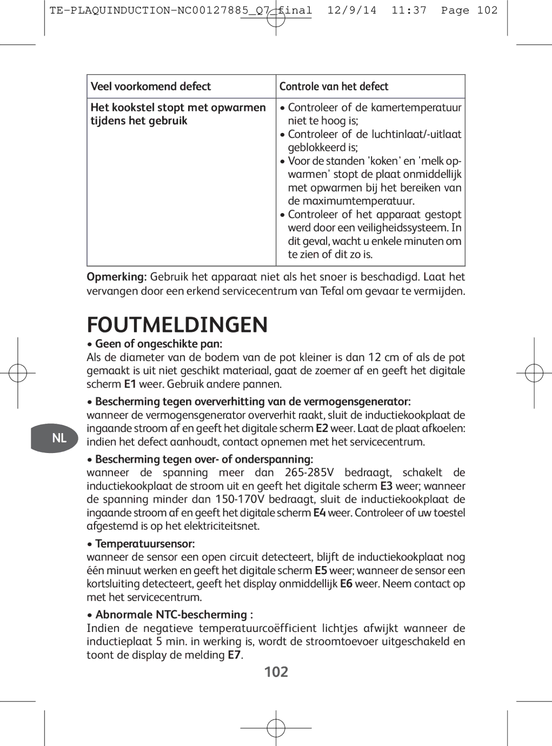 Tefal IH201840, IH201865, IH201866, IH201812 manual Foutmeldingen 