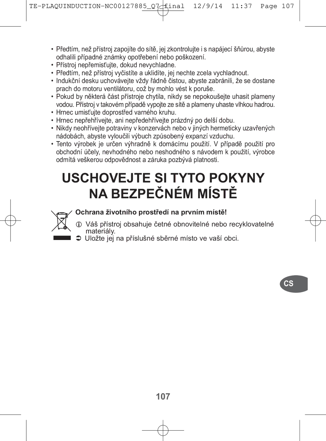 Tefal IH201812, IH201865, IH201866, IH201840 manual 107, Ochrana životního prostředí na prvním místě 