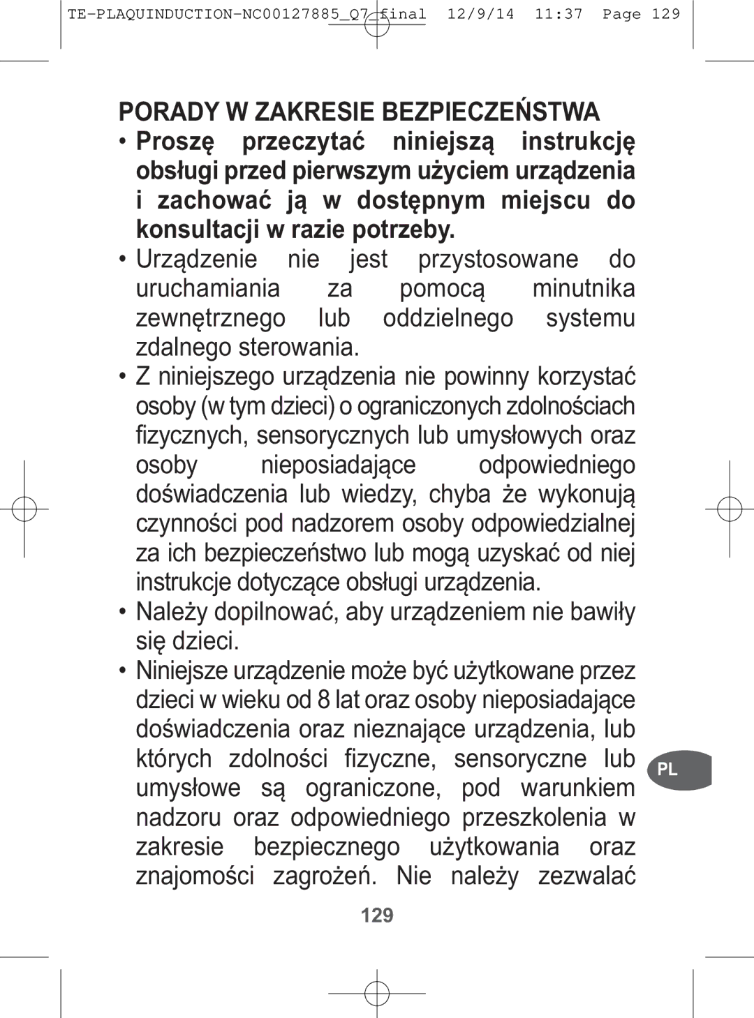 Tefal IH201866, IH201865, IH201840, IH201812 manual Porady W Zakresie Bezpieczeństwa, 129 