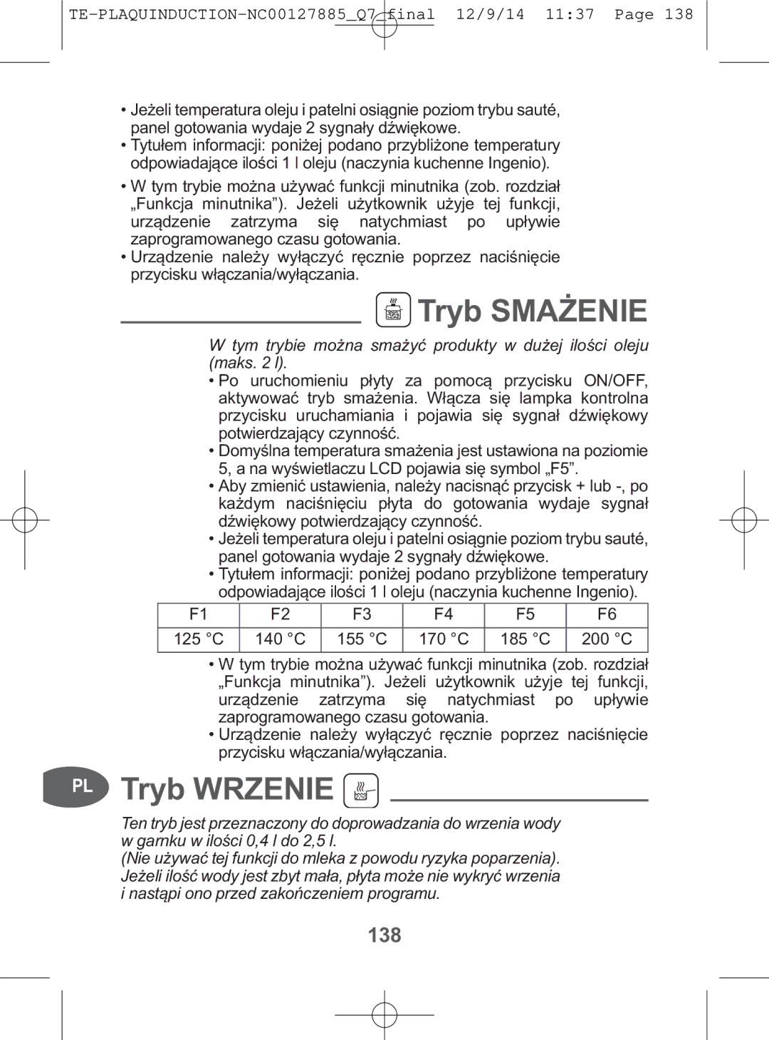 Tefal IH201840, IH201865, IH201866, IH201812 manual Tryb Smażenie, PL Tryb Wrzenie, 138 