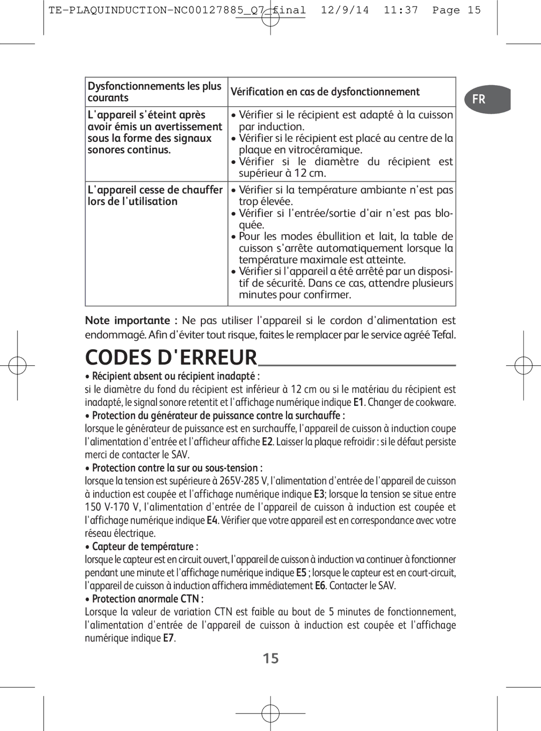 Tefal IH201812, IH201865, IH201866, IH201840 manual Codes Derreur 