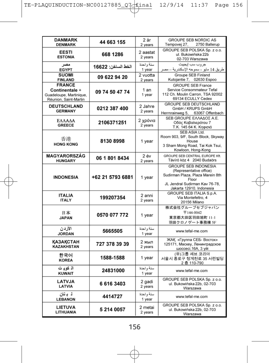 Tefal IH201865, IH201866, IH201840, IH201812 manual 156 