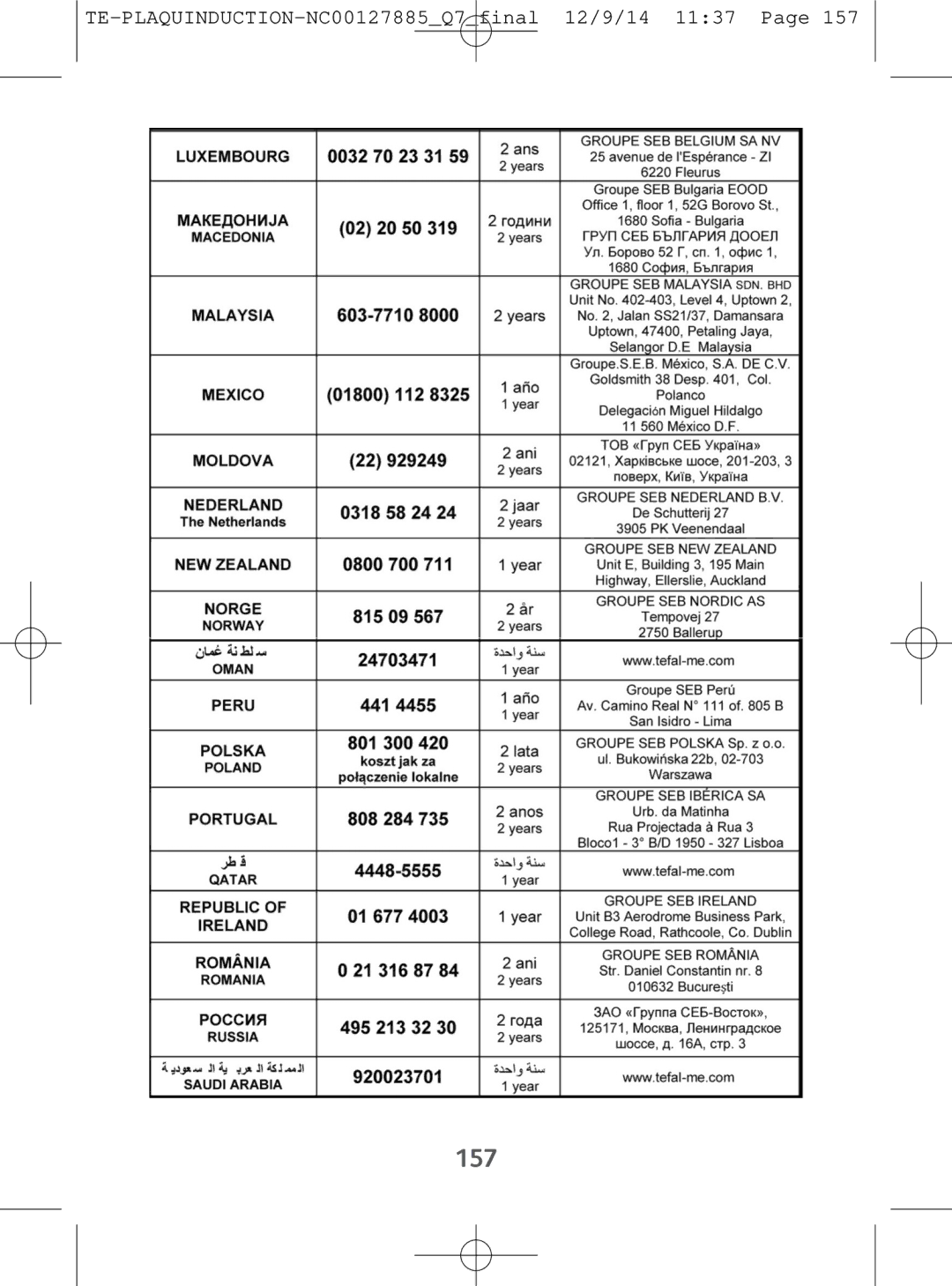 Tefal IH201866, IH201865, IH201840, IH201812 manual 157 