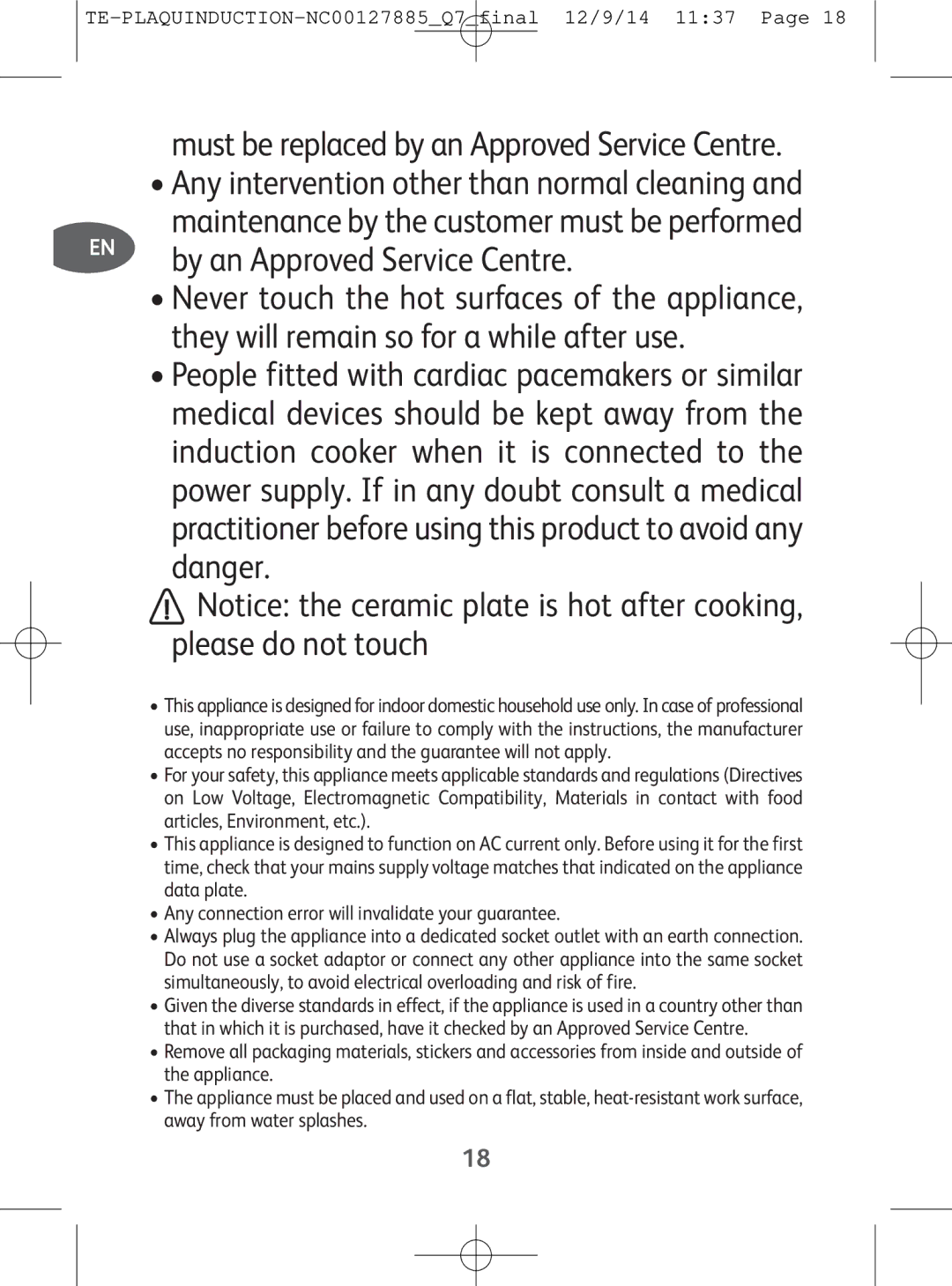 Tefal IH201840, IH201865, IH201866, IH201812 manual Must be replacedby an Approved Service Centre 