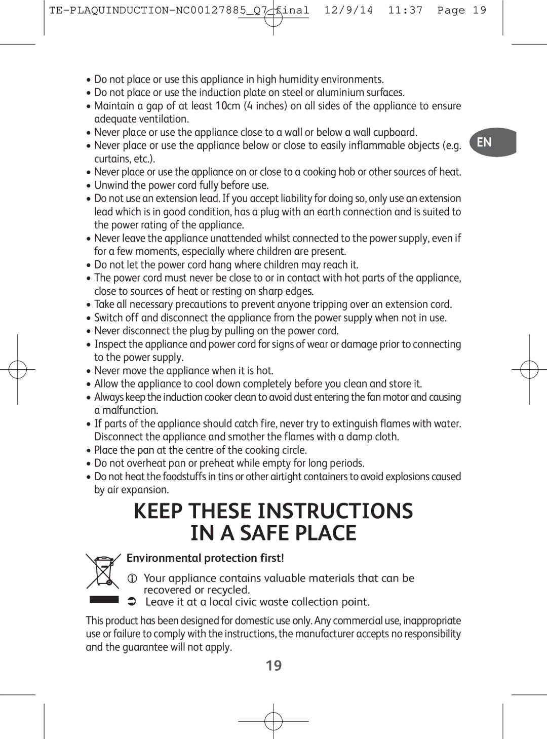 Tefal IH201812, IH201865, IH201866, IH201840 manual Keep These Instructions A Safe Place, Environmental protection first 