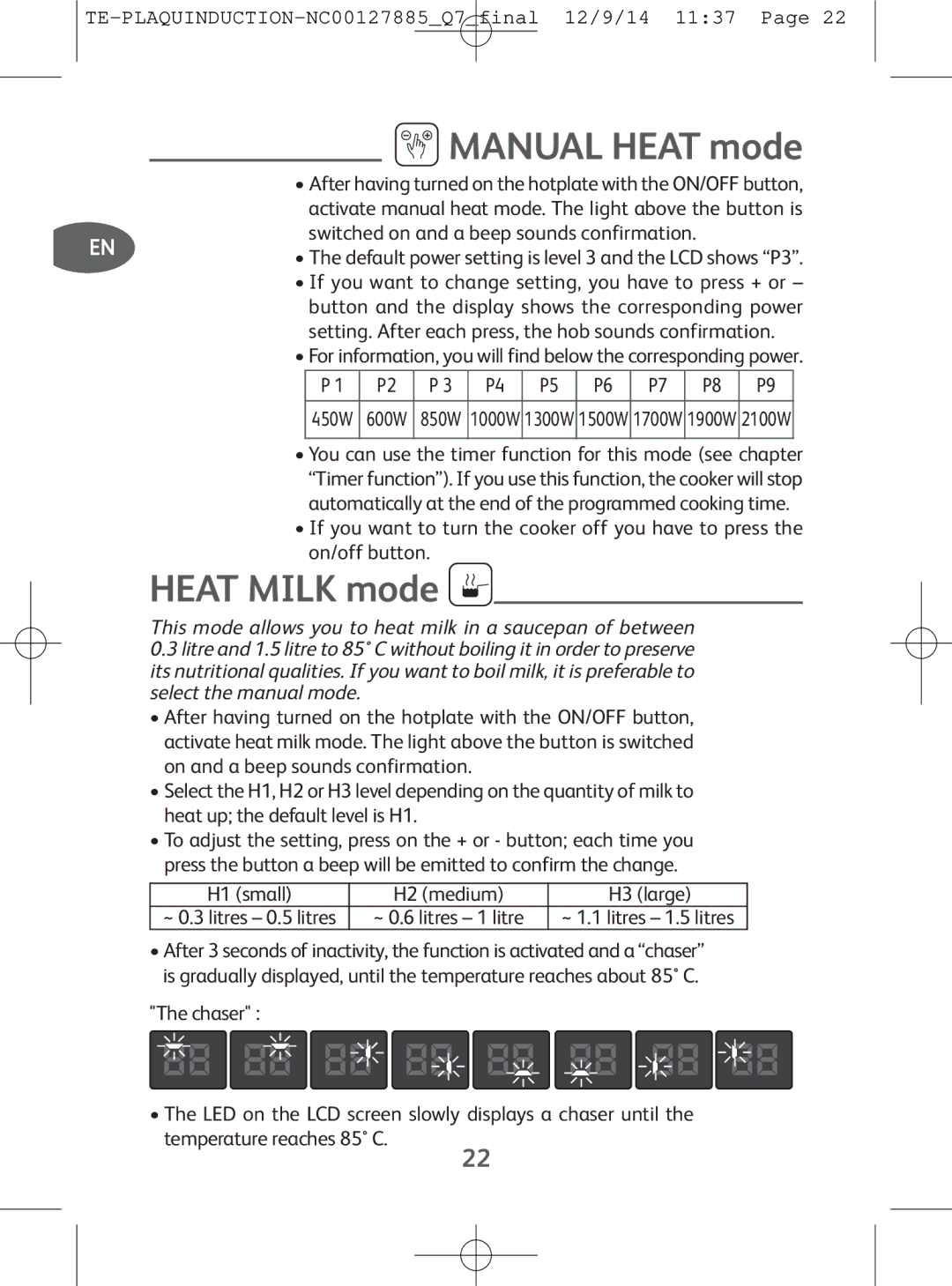 Tefal IH201840 Manual HEATmode, Heatmilk mode, Switched on and a beep sounds confirmation, H1 small H2 medium H3 large 