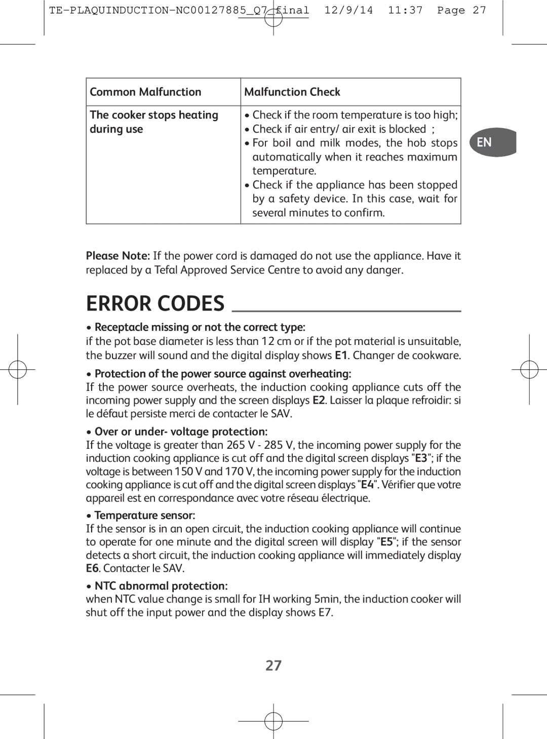 Tefal IH201812, IH201865, IH201866, IH201840 manual Error Codes 