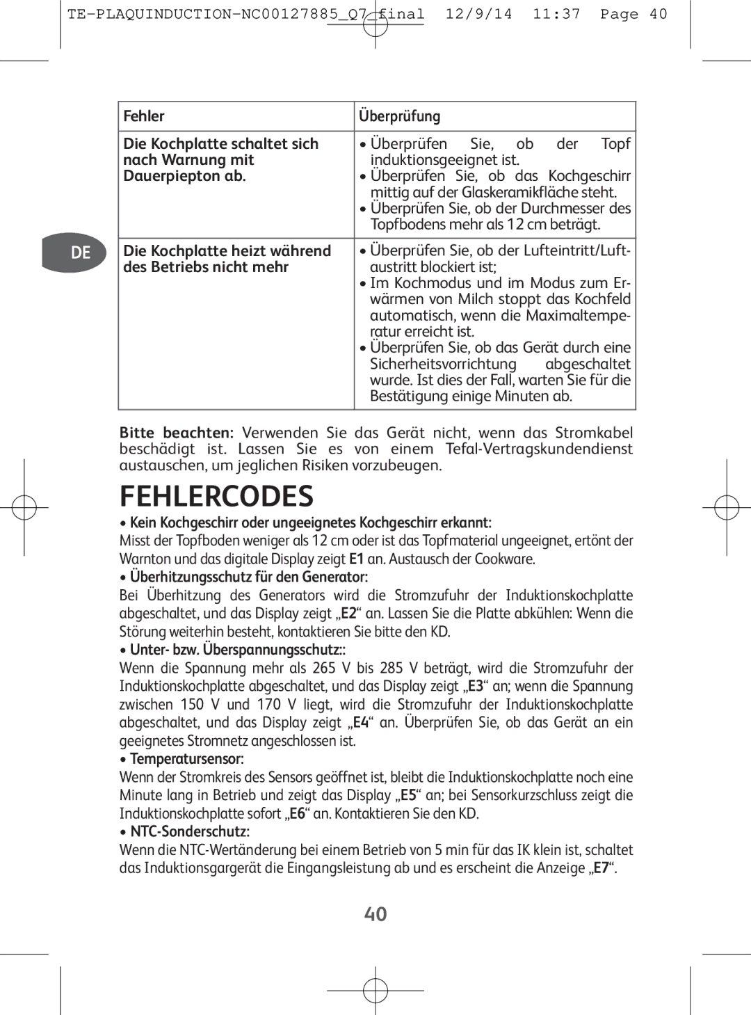 Tefal IH201865, IH201866, IH201840, IH201812 manual Fehlercodes 