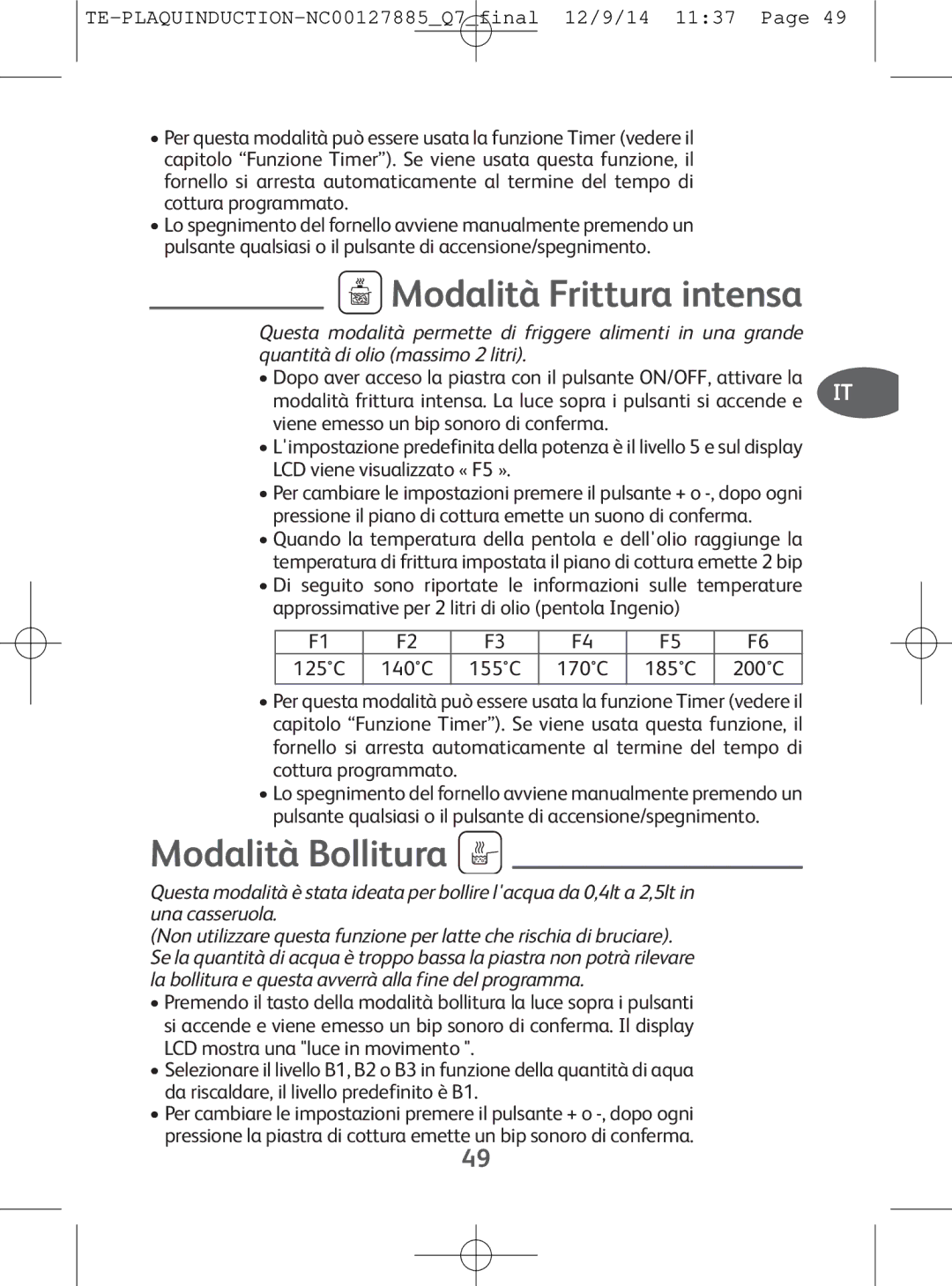 Tefal IH201866, IH201865, IH201840, IH201812 manual Modalità Fritturaintensa, Modalità Bollitura 