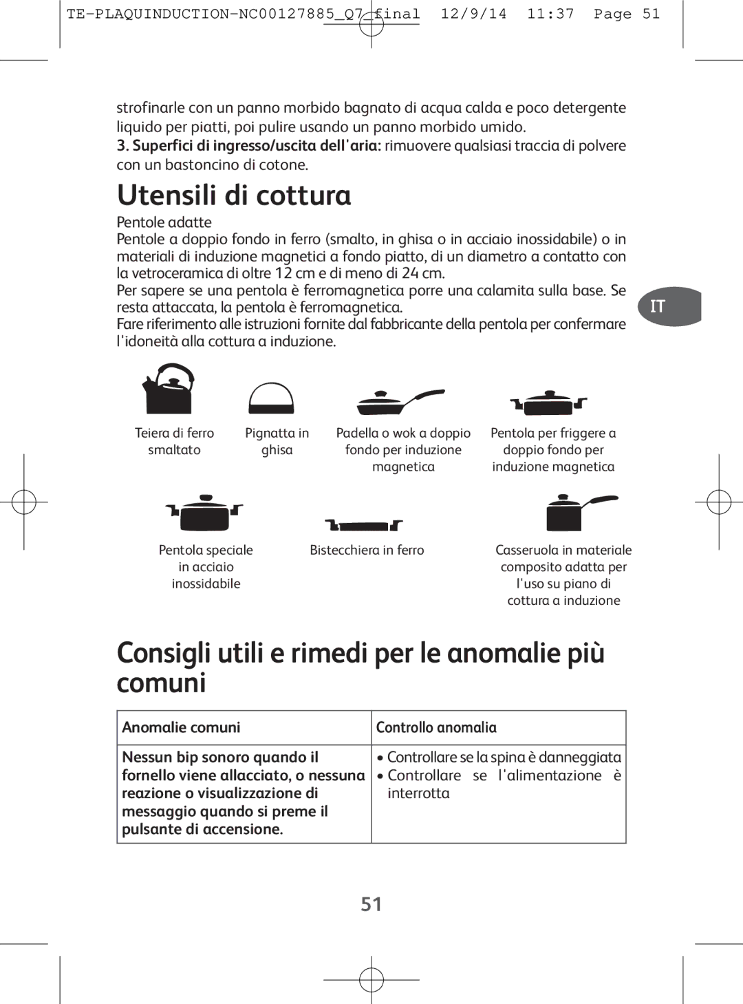 Tefal IH201812, IH201865, IH201866 Utensili di cottura, Consigli utili e rimedi per le anomalie più comuni, Pentoleadatte 