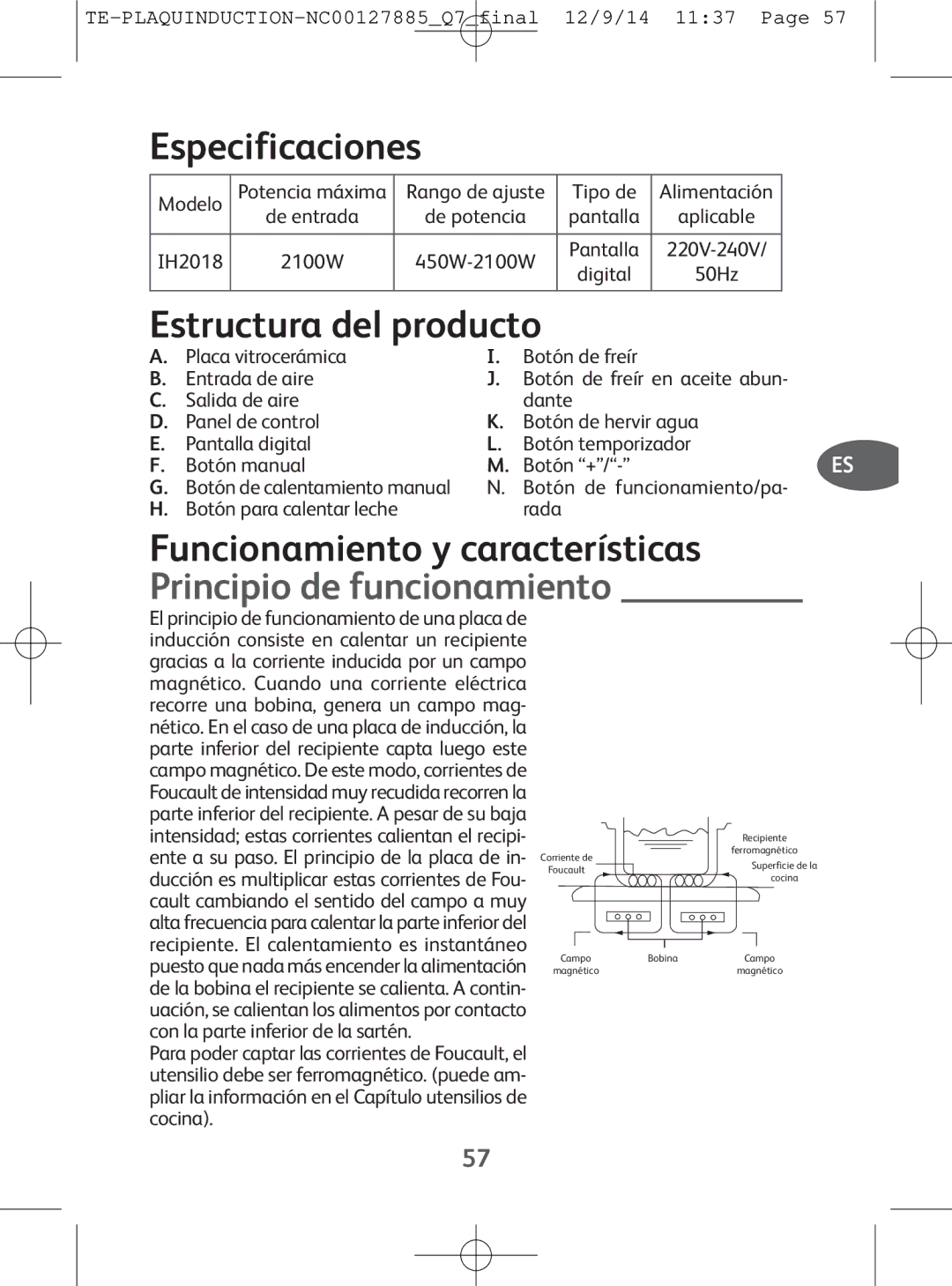 Tefal IH201866, IH201865, IH201840, IH201812 manual Especificaciones, Estructura del producto, Digital 