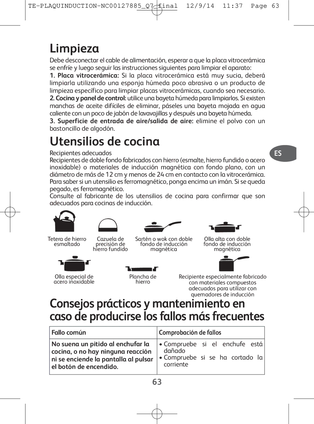 Tefal IH201812, IH201865, IH201866, IH201840 manual Limpieza, Utensilios de cocina, Consejosprácticosy mantenimientoen 