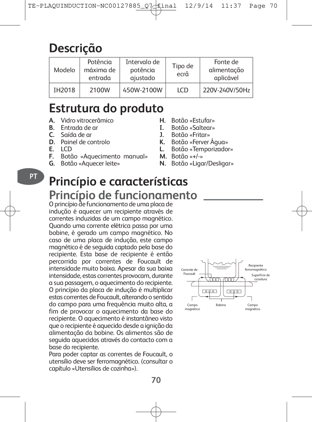 Tefal IH201840, IH201865 manual Descrição, Estrutura do produto, PT Princípio e características Princípio de funcionamento 