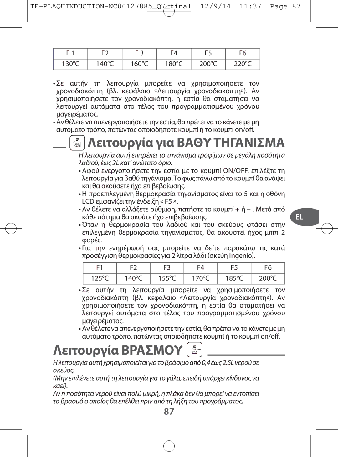 Tefal IH201812, IH201865, IH201866, IH201840 manual Λειτουργία για Βαθυτηγανισμα, ΛειτουργίαΒΡΑΣΜΟΥ 