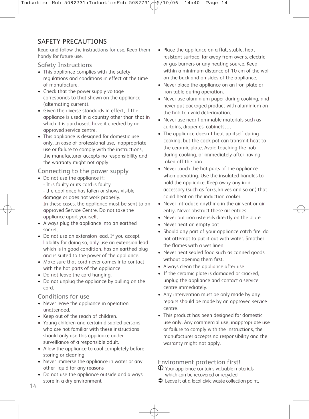 Tefal IH700072, IH700031 manual Safety Precautions, Safety Instructions, Connecting to the power supply, Conditions for use 