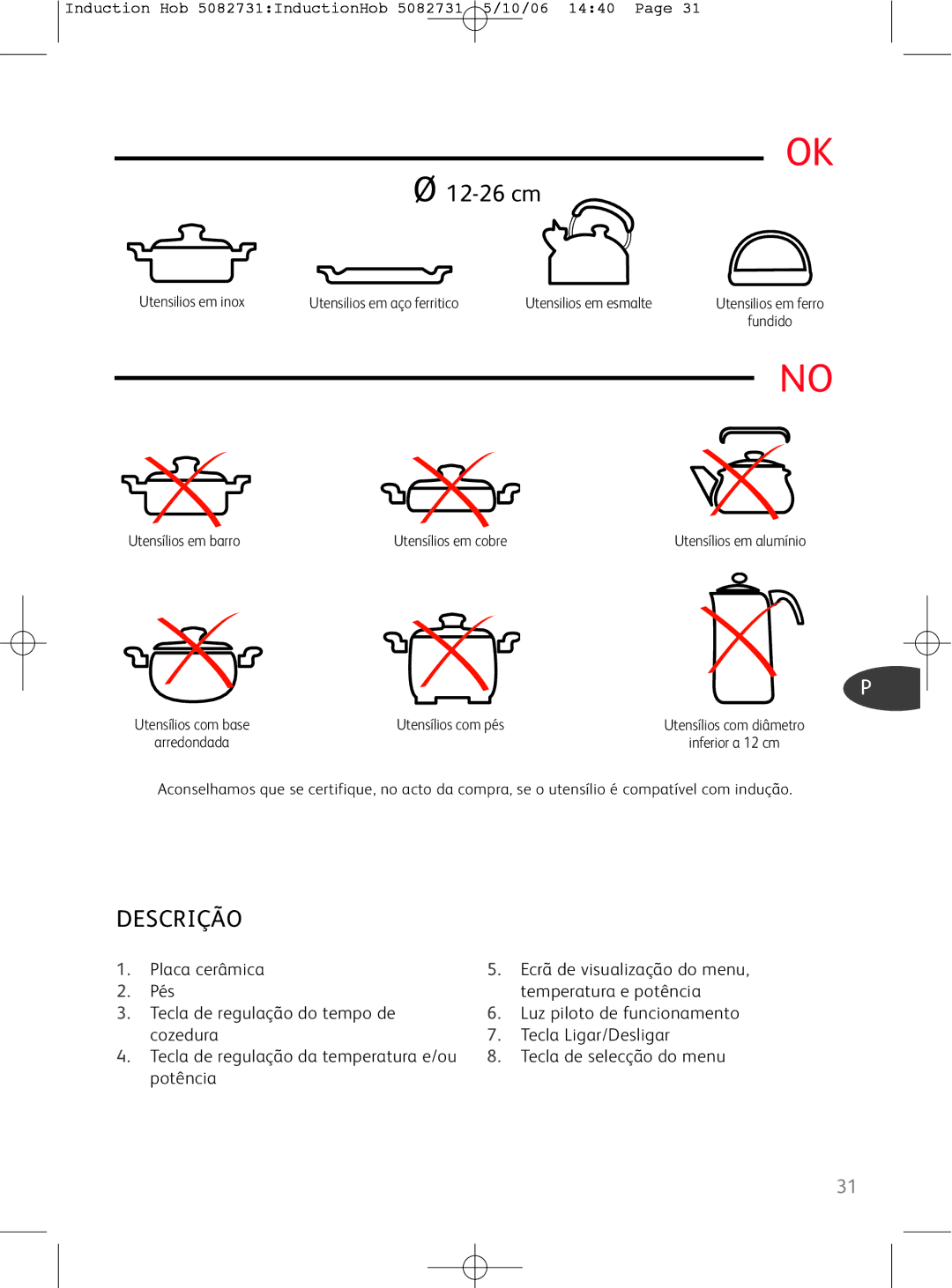 Tefal IH700071 manual Descrição, Utensílios com pés, Ecrã de visualização do menu, Tecla de regulação da temperatura e/ou 