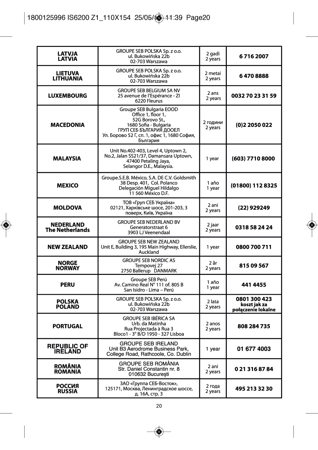 Tefal IS6300D2, IS6200CGS, IS6200Z1, IS6300M1, IS6300Q1, IS6300U2, IS6350T1 1800125996 IS6200 Z1110X154 25/05/12 1139 PAGE20 