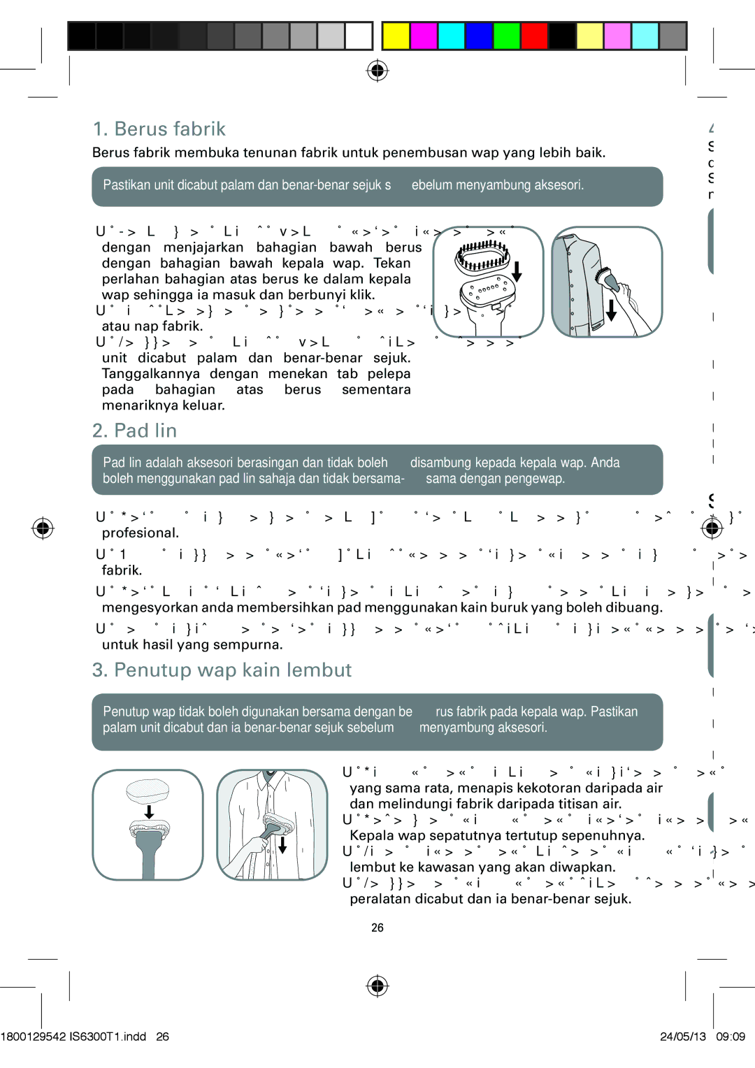 Tefal IS6300T1 manual Berus fabrik, Pad lin, Penutup wap kain lembut 