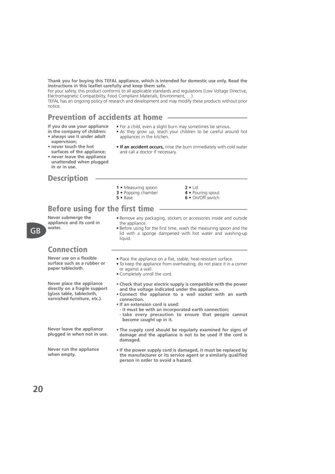 Tefal KD100012, KD100084, KD100083 manual Prevention of accidents at home, Before using for the first time, Connection 