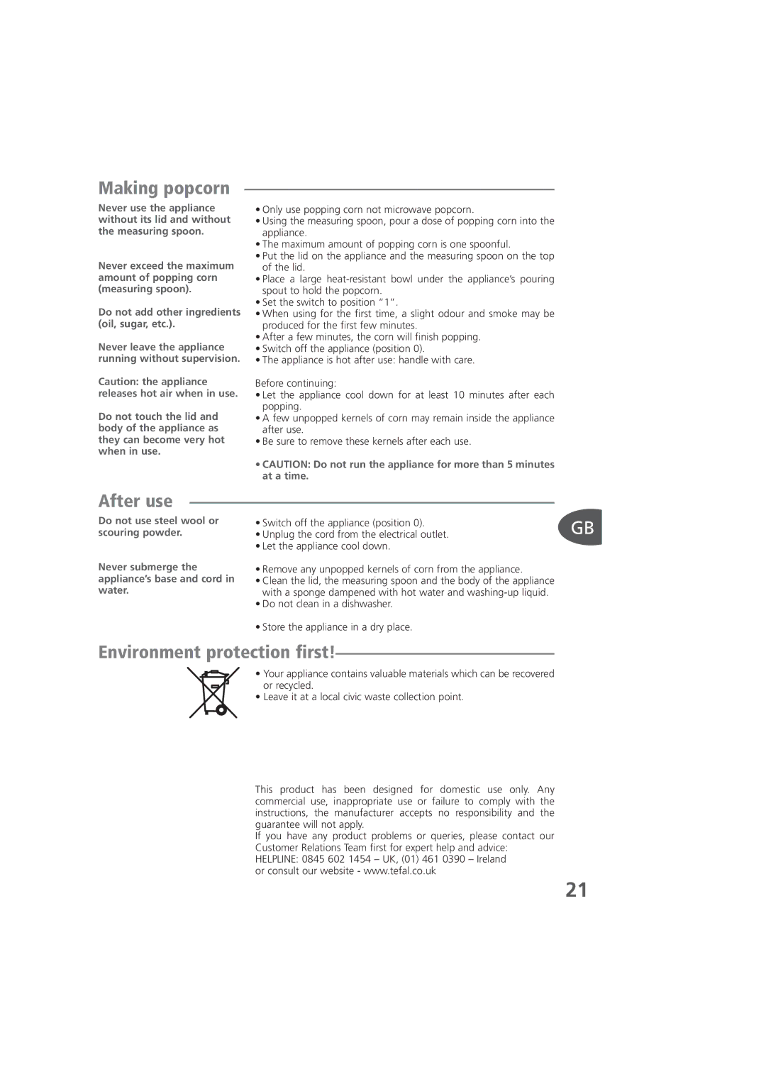 Tefal KD100084, KD100083, KD100012 manual Making popcorn, After use, Environment protection first 