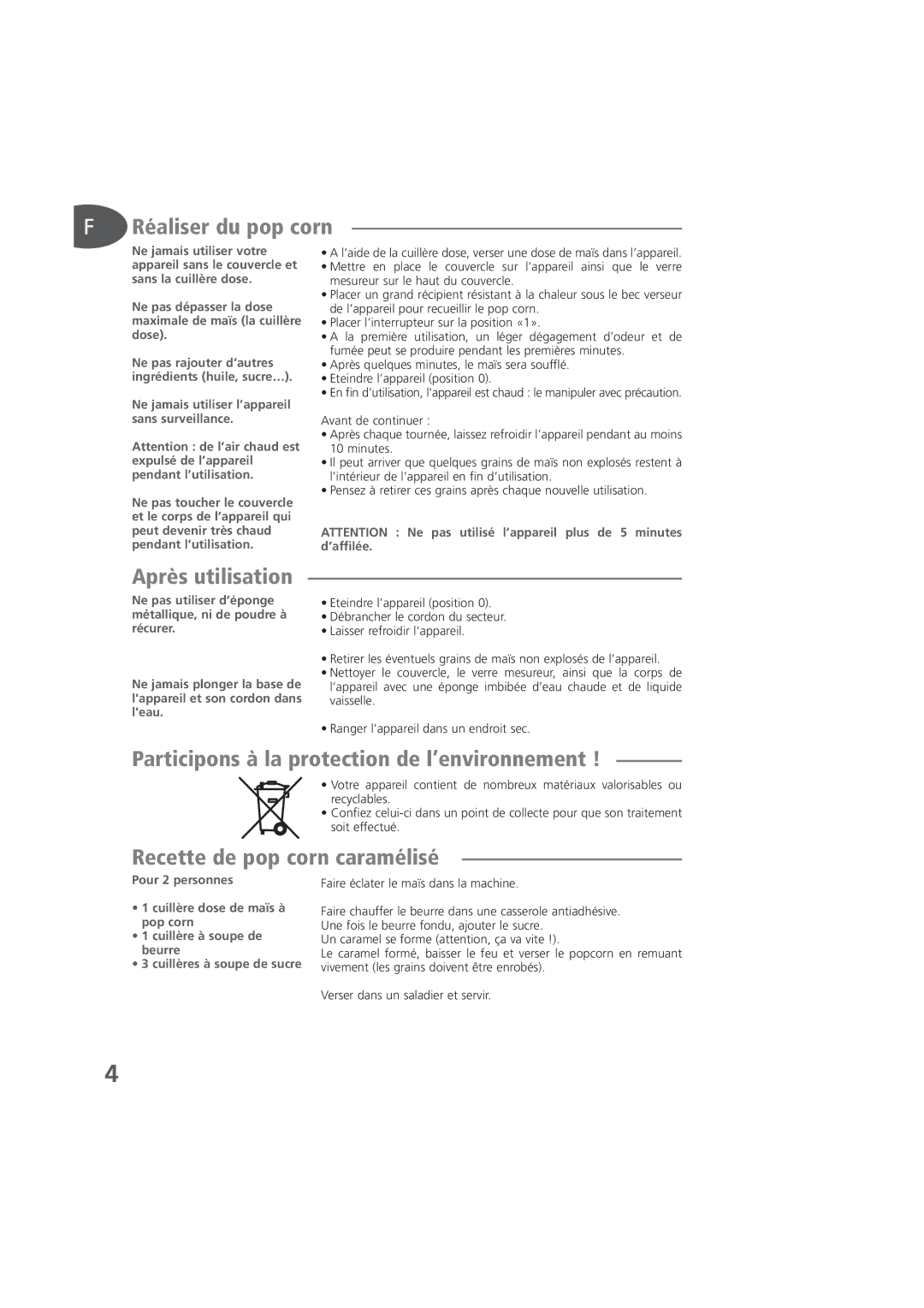 Tefal KD100083, KD100084, KD100012 Réaliser du pop corn, Après utilisation, Participons à la protection de l’environnement 