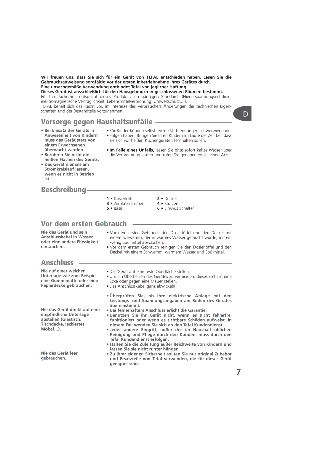 Tefal KD100083, KD100084, KD100012 manual Vorsorge gegen Haushaltsunfälle, Beschreibung, Vor dem ersten Gebrauch, Anschluss 