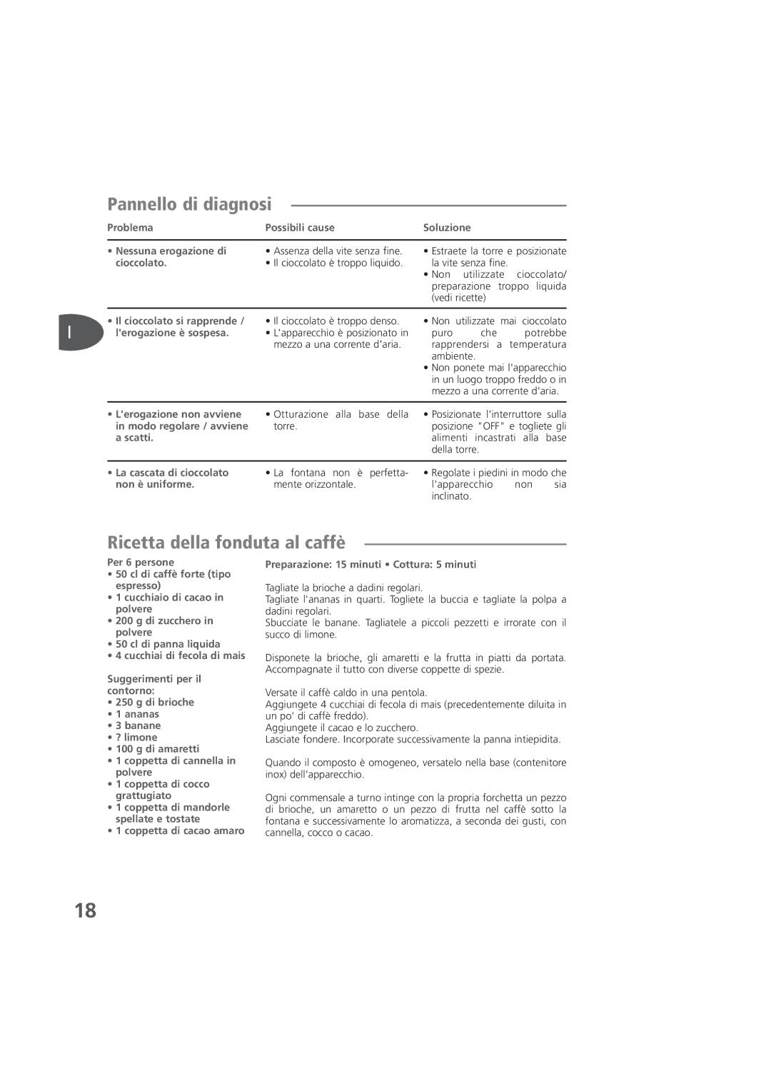 Tefal KD400083, KD400084, KD400012 manual Pannello di diagnosi, Ricetta della fonduta al caffè 