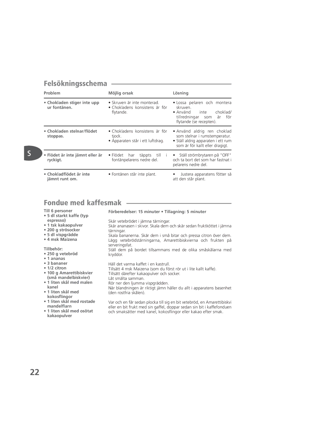 Tefal KD400084, KD400083, KD400012 manual Felsökningsschema, Fondue med kaffesmak 