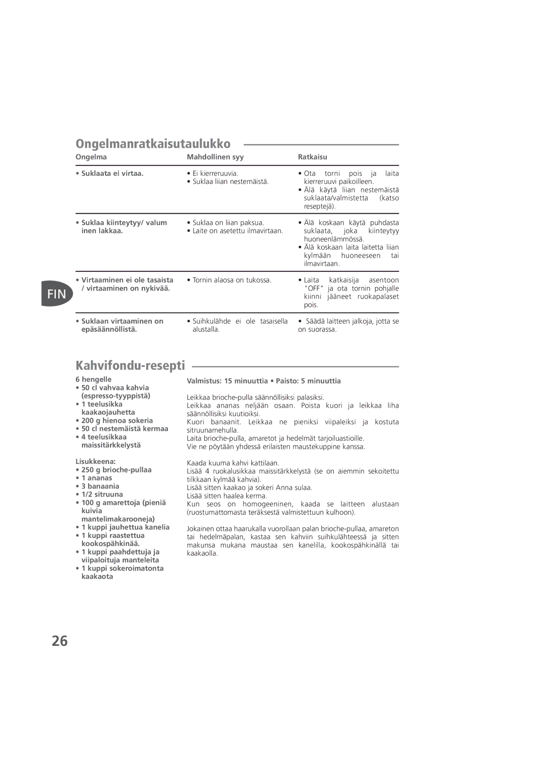 Tefal KD400012, KD400083, KD400084 manual Ongelmanratkaisutaulukko, Kahvifondu-resepti 