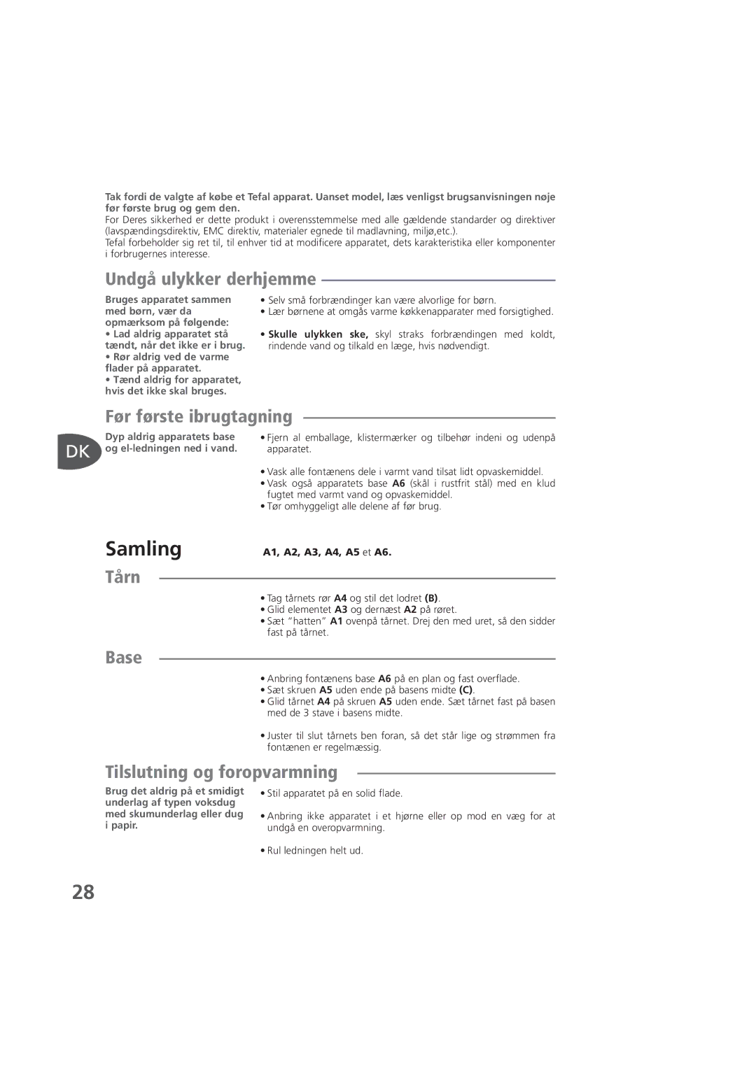 Tefal KD400084 manual Samling, Undgå ulykker derhjemme, Før første ibrugtagning, TR Tårn Base, Tilslutning og foropvarmning 