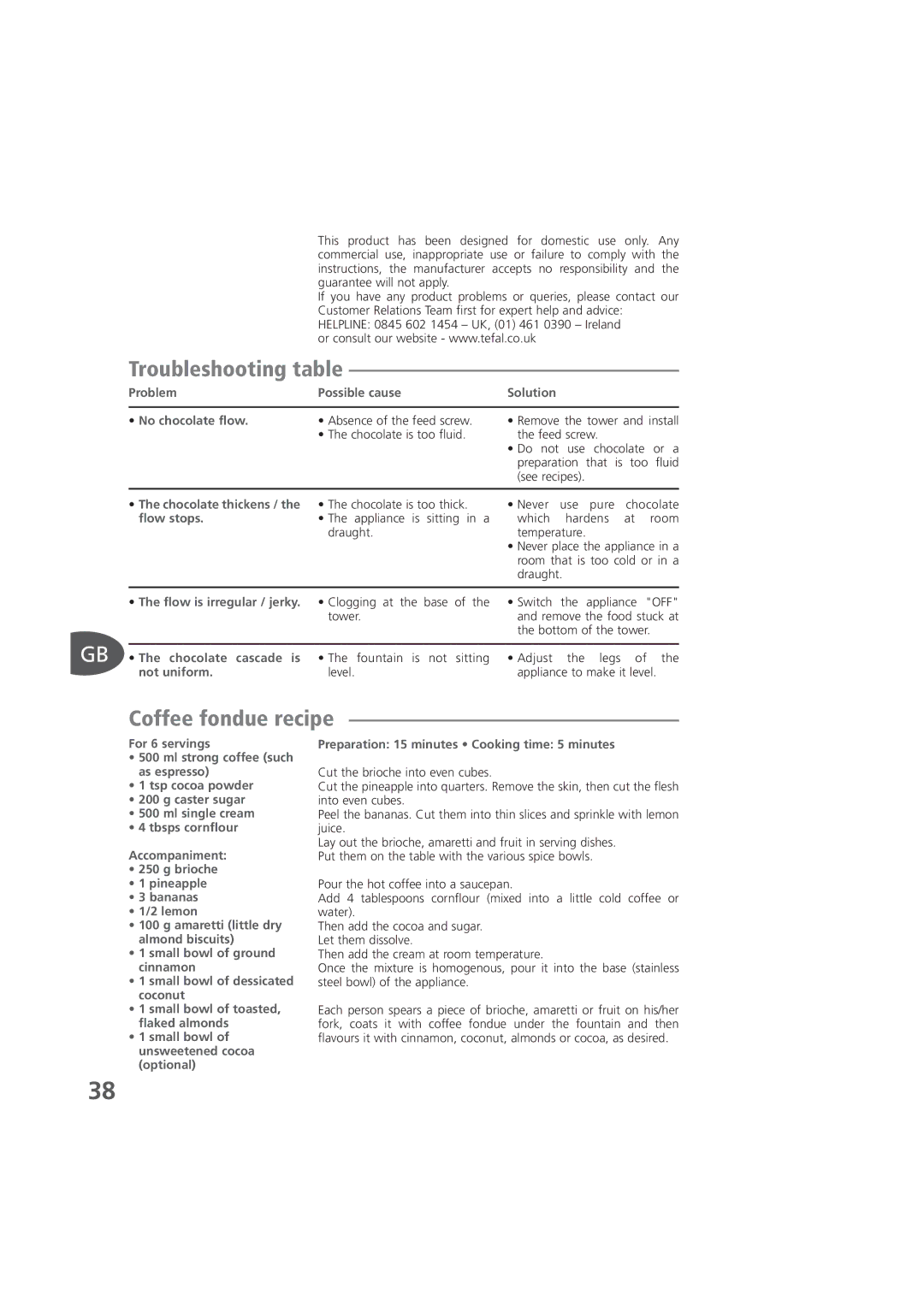 Tefal KD400012, KD400083, KD400084 manual Troubleshooting table, Coffee fondue recipe 