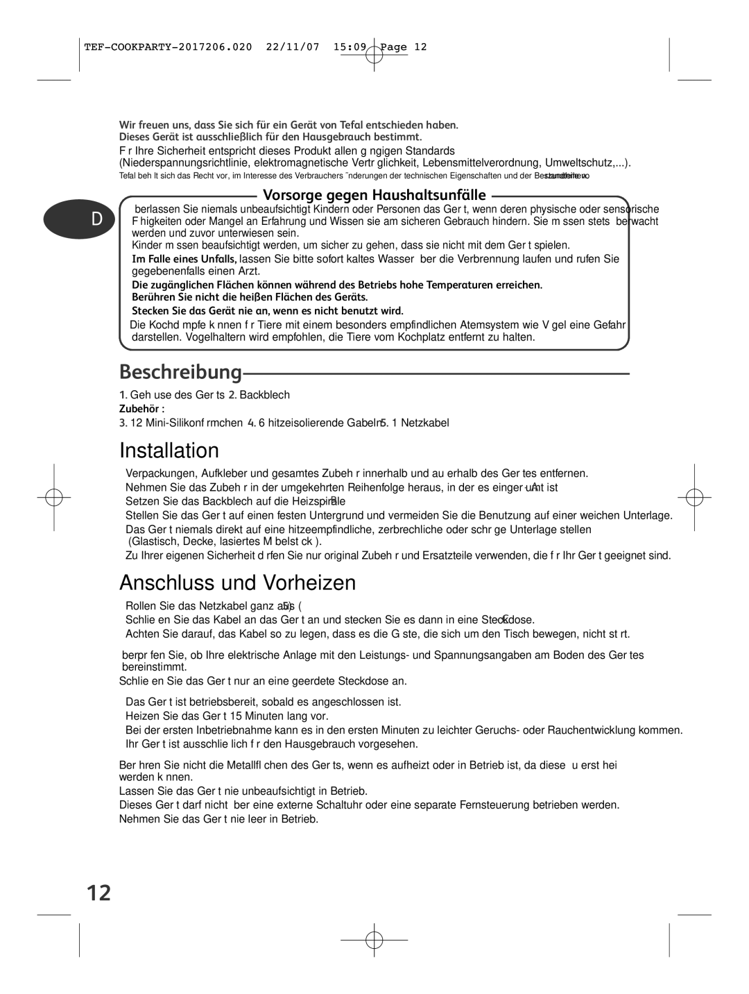 Tefal KD500012 manual Beschreibung, Anschluss und Vorheizen, Vorsorge gegen Haushaltsunfälle 