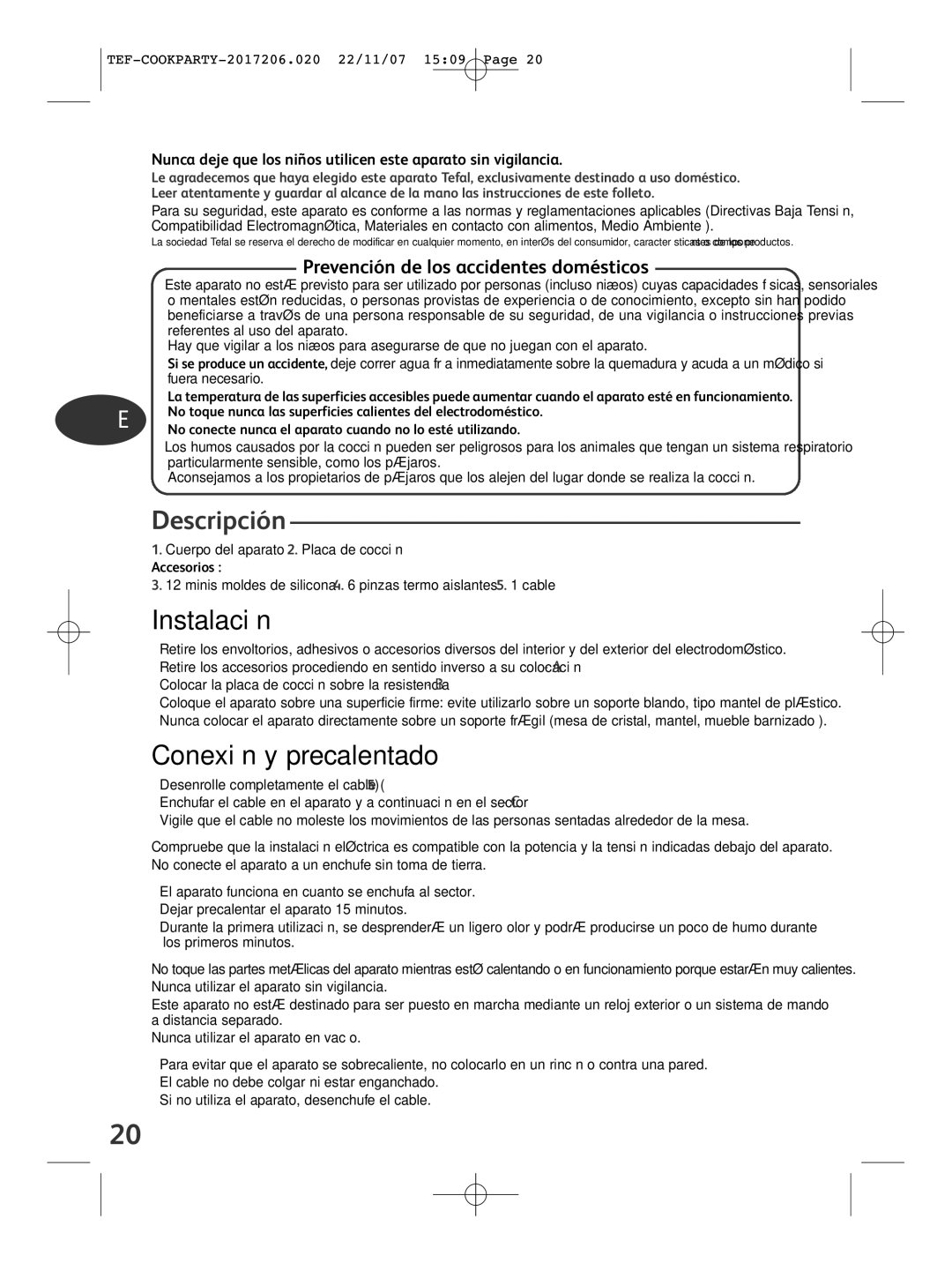 Tefal KD500012 manual Descripción, Instalación, Conexión y precalentado, Prevención de los accidentes domésticos 