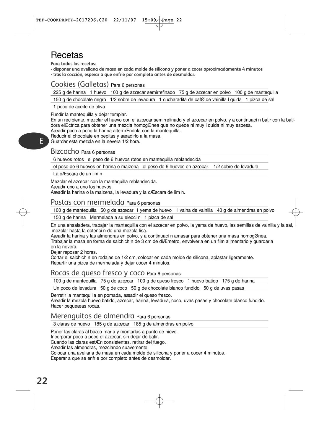 Tefal KD500012 manual Recetas, Cookies Galletas Para 6 personas, Pastas con mermelada Para 6 personas 