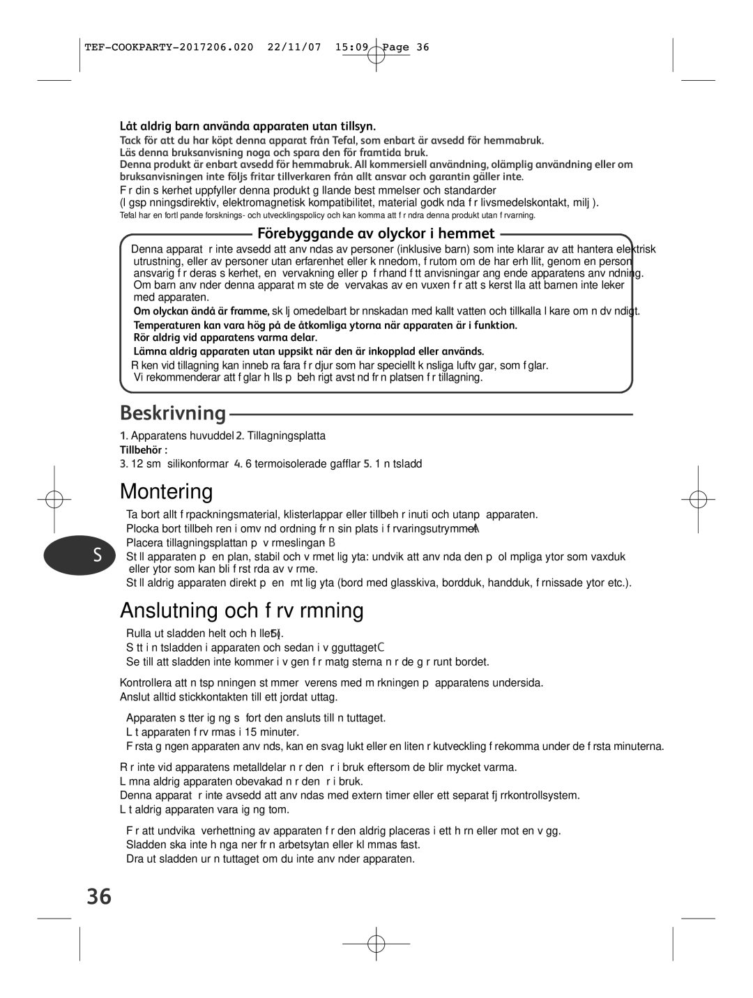 Tefal KD500012 manual Beskrivning, Montering, Anslutning och förvärmning, Förebyggande av olyckor i hemmet 