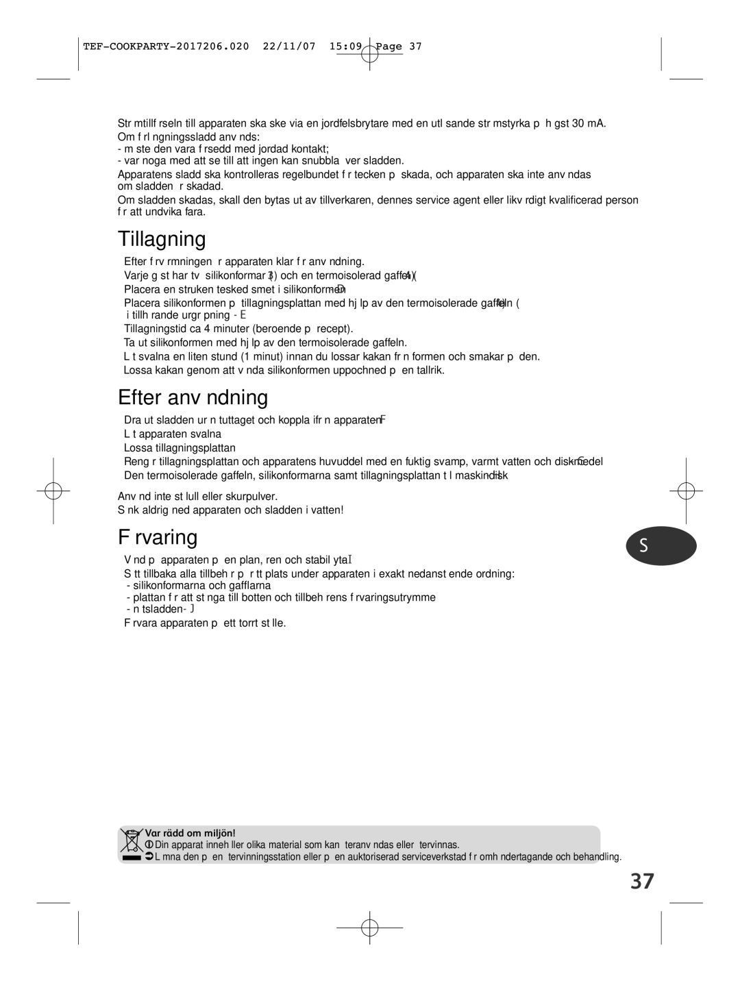 Tefal KD500012 manual Tillagning, Efter användning, Var rädd om miljön 